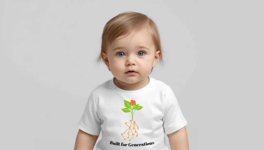Minimalist bitcoin baby bodysuit with plant sprout and network roots symbolizing growth and long-term thinking