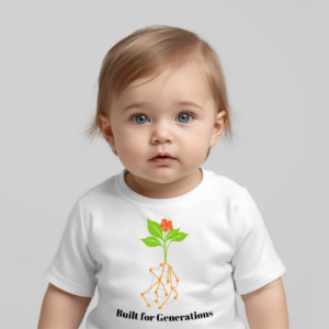 Minimalist bitcoin baby bodysuit with plant sprout and network roots symbolizing growth and long-term thinking