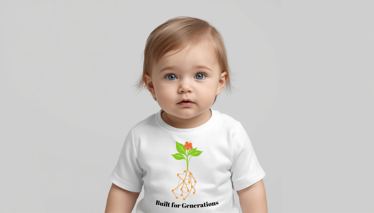 Minimalist bitcoin baby bodysuit with plant sprout and network roots symbolizing growth and long-term thinking