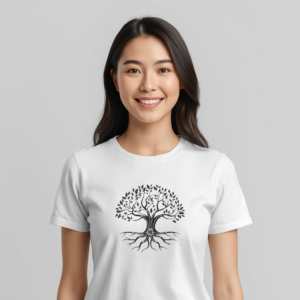 White edition minimalist tree t-shirt with roots design inspired by Bitcoin and long-term thinking