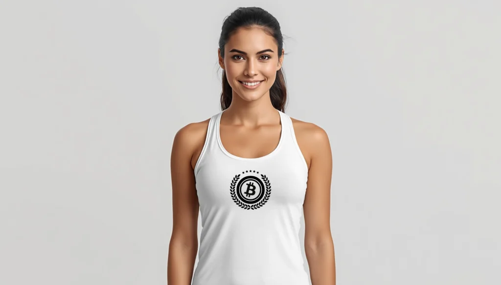 Minimalist bitcoin racerback tank top for women with subtle design, available in color and dark edition