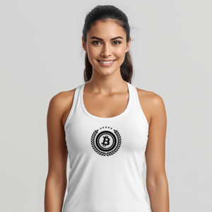 Minimalist bitcoin racerback tank top for women with subtle design, available in color and dark edition