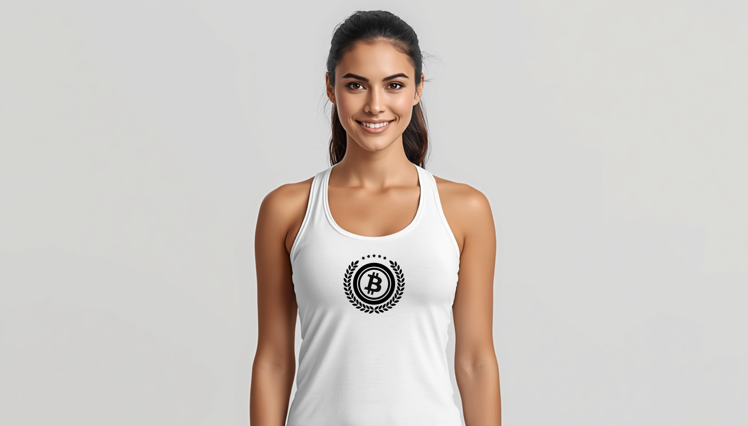 Minimalist bitcoin racerback tank top for women with subtle design, available in color and dark edition