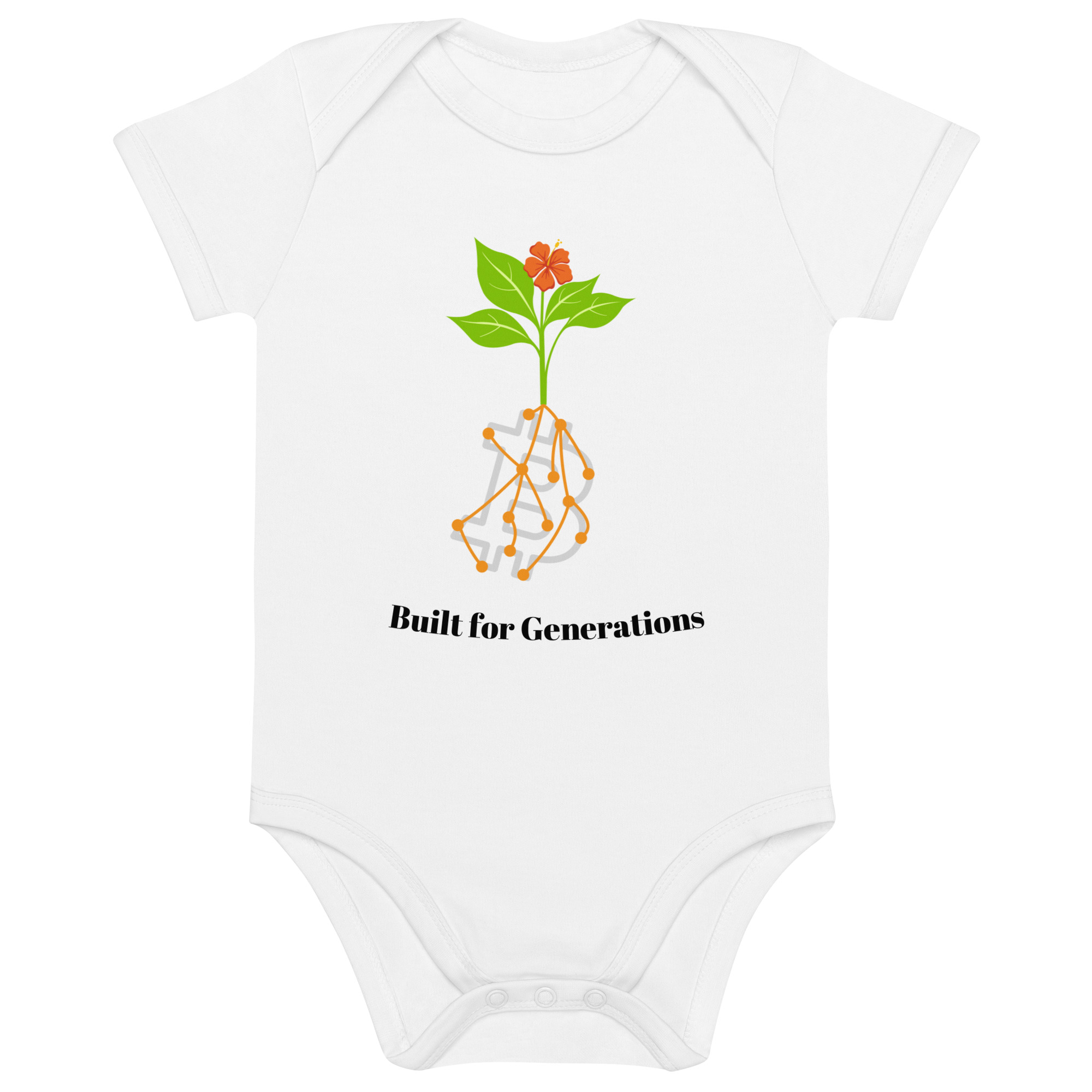 Minimalist bitcoin baby bodysuit with plant sprout and network roots symbolizing growth and long-term thinking