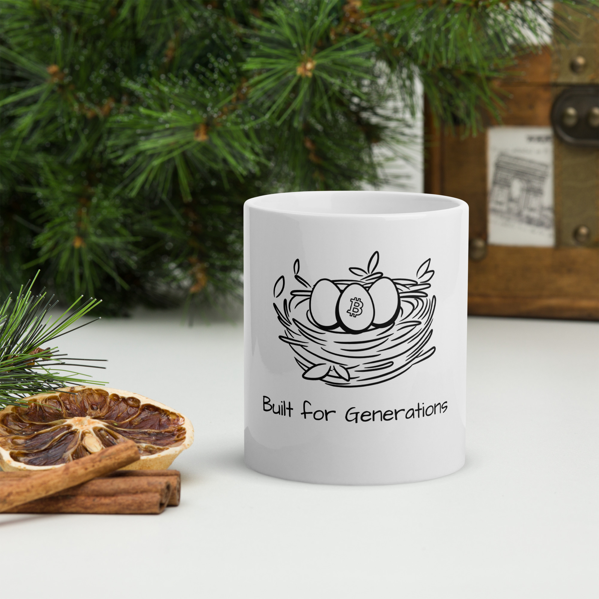 Minimalist Bitcoin mug with HodlNest design featuring a nest and generational symbol