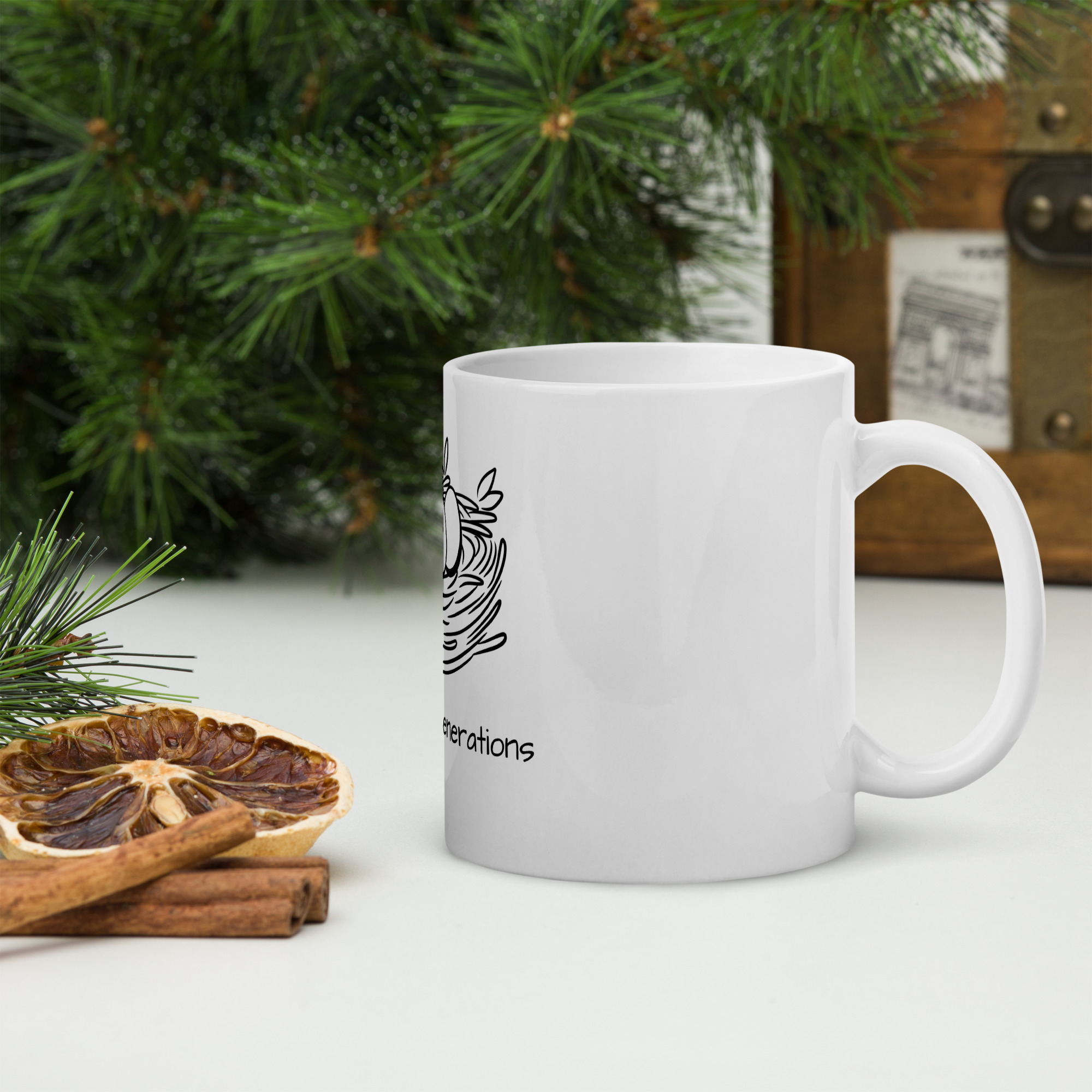 Minimalist Bitcoin mug with HodlNest design featuring a nest and generational symbol