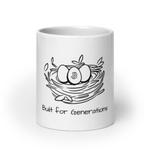 Minimalist Bitcoin mug with HodlNest design featuring a nest and generational symbol