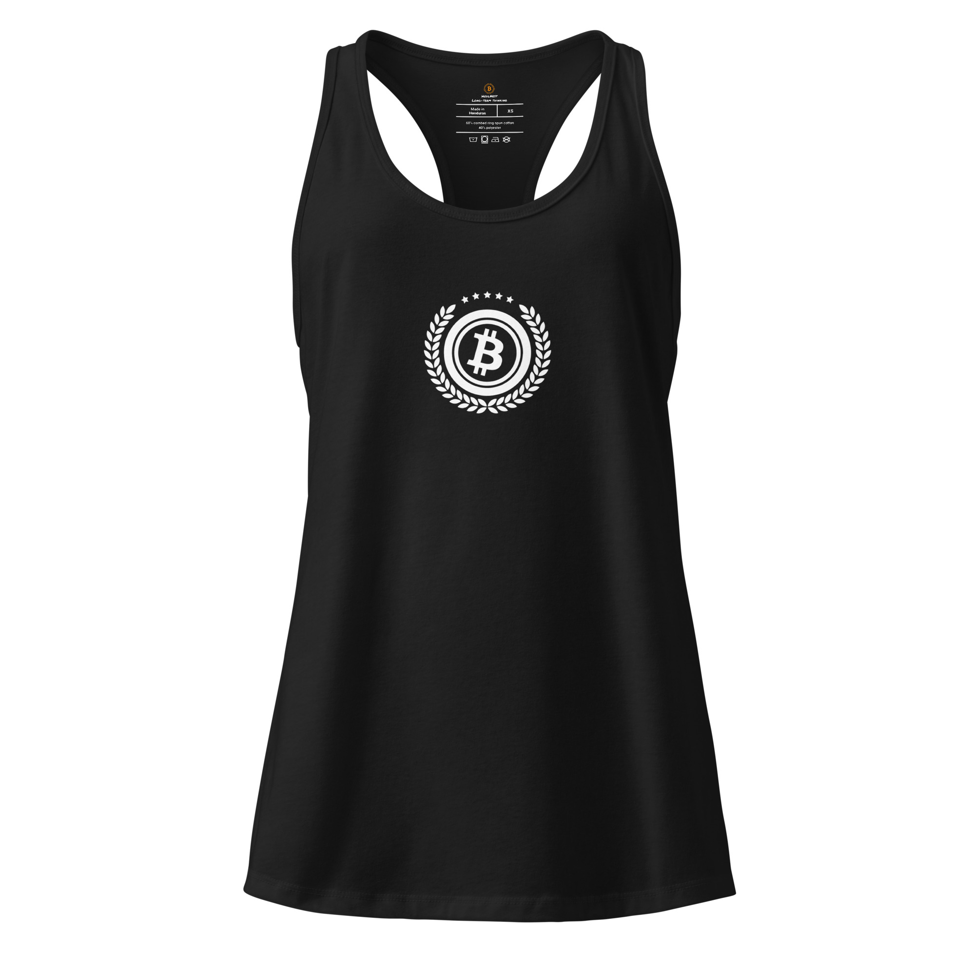 Dark edition minimalist bitcoin racerback tank top for women with subtle centered design