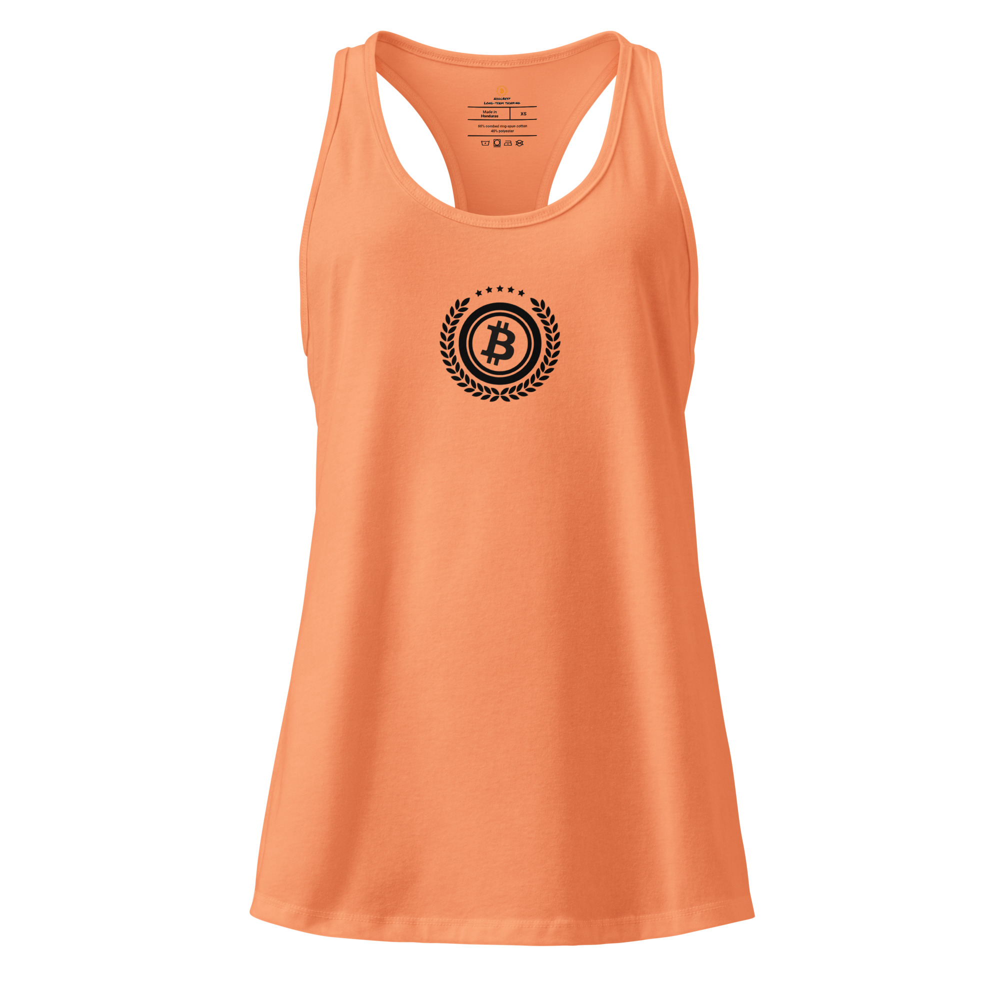 Minimalist bitcoin racerback tank top for women with subtle design, available in color and dark edition