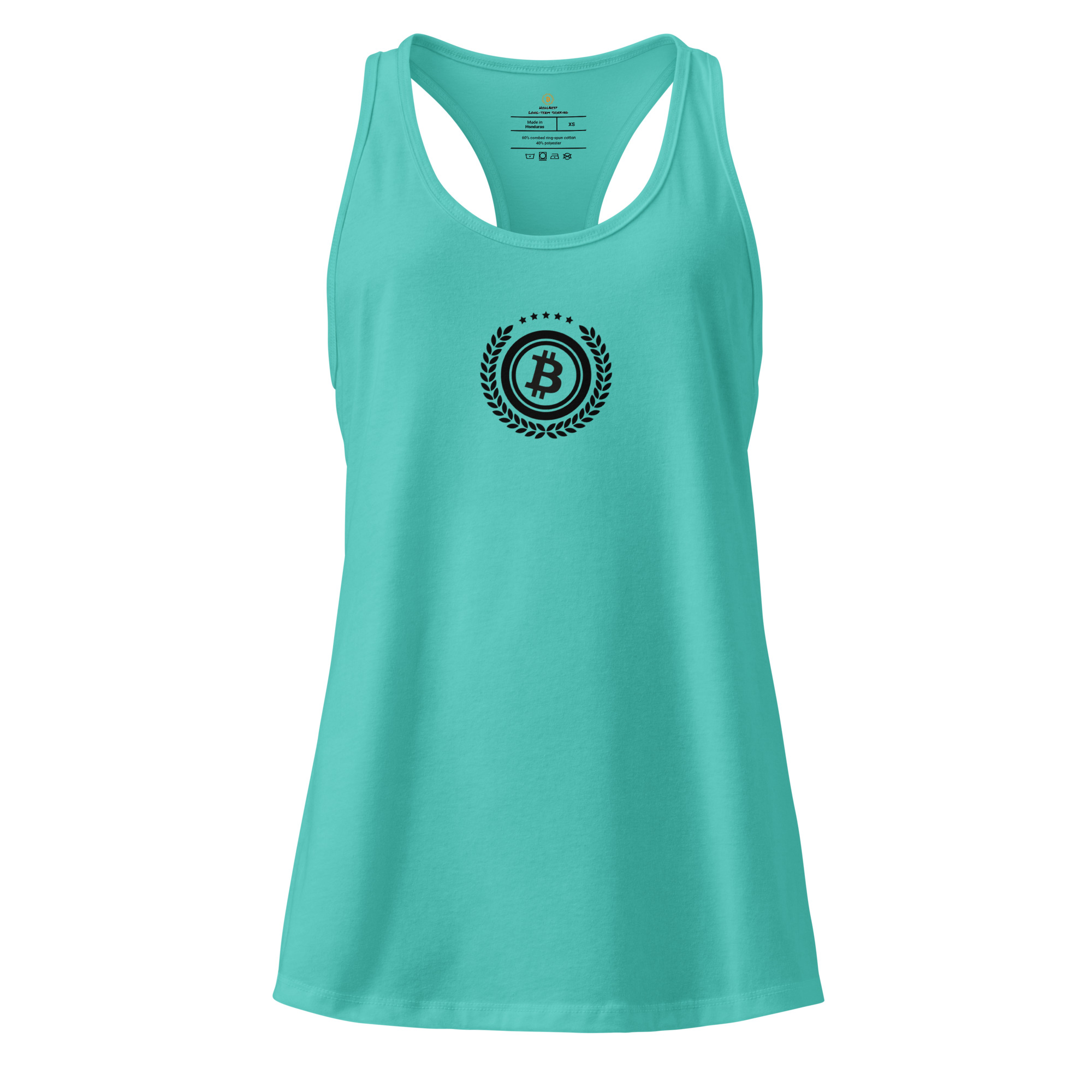 Minimalist bitcoin racerback tank top for women with subtle design, available in color and dark edition