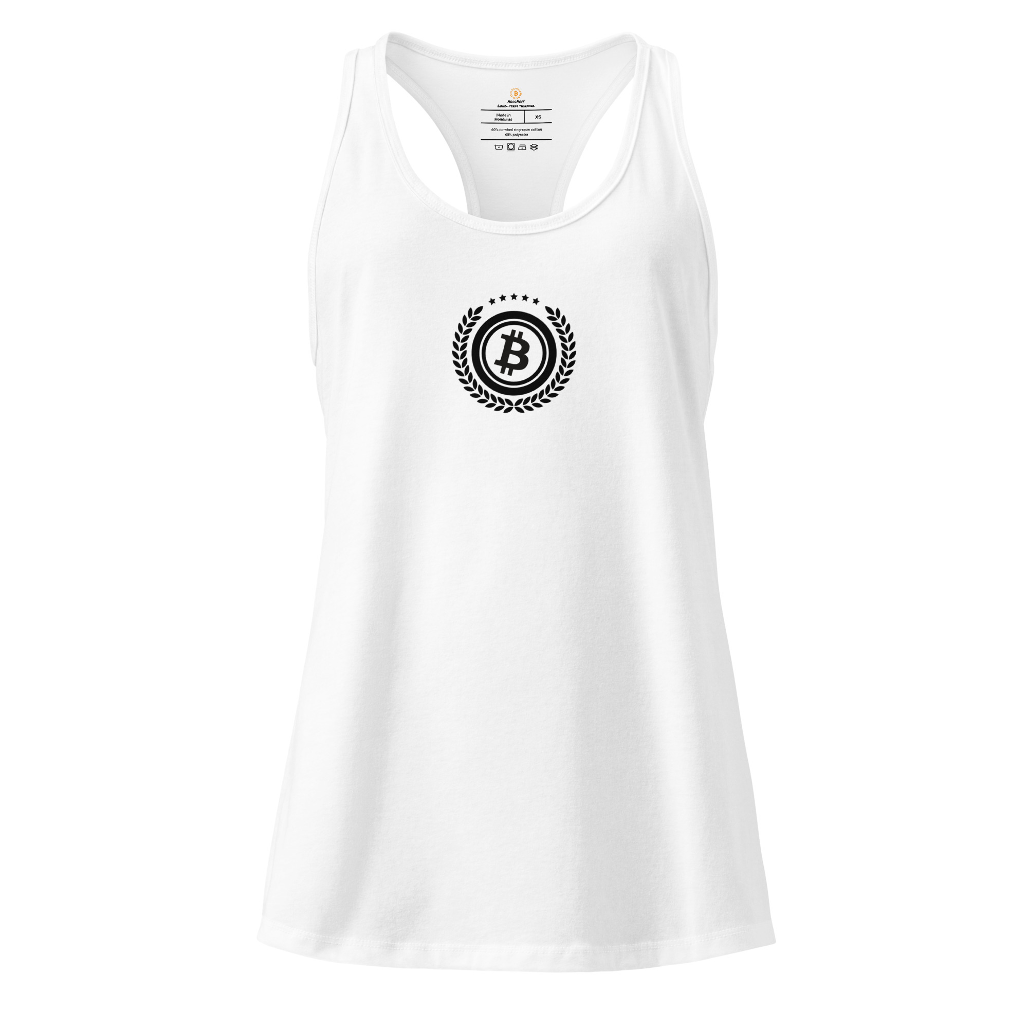 Minimalist bitcoin racerback tank top for women with subtle design, available in color and dark edition