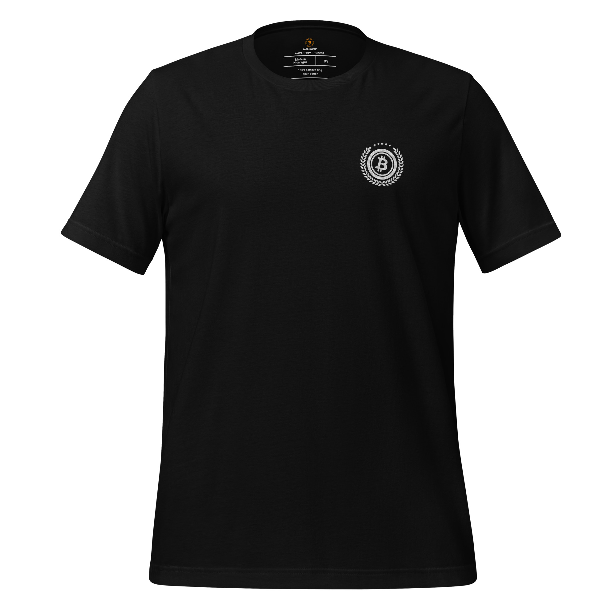 Bitcoin premium black t-shirt standard seal laurel wreath design minimalist organic cotton