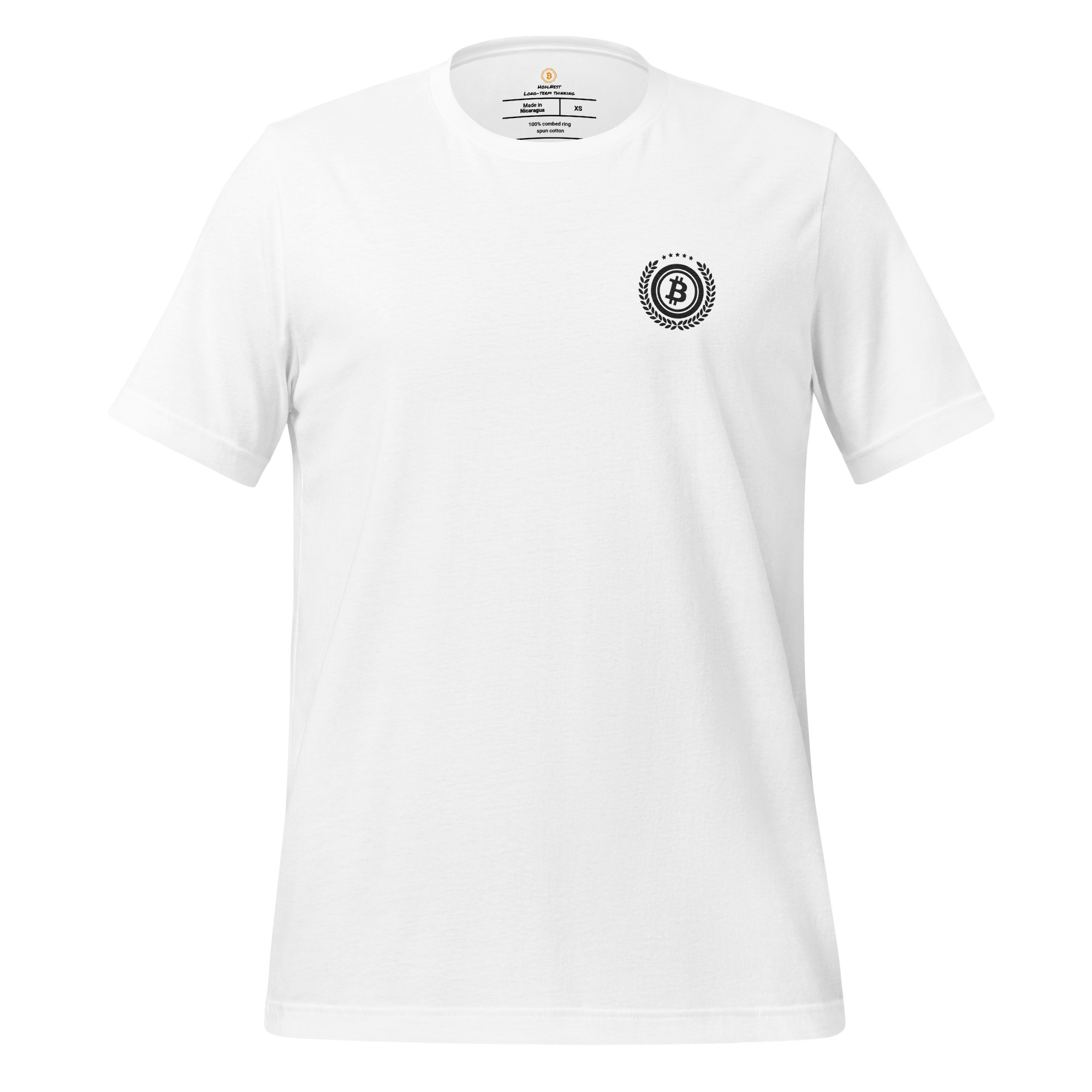 Bitcoin premium white t-shirt standard seal laurel wreath minimalist design organic cotton