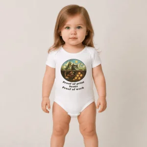 Bitcoin baby bodysuit featuring an ant mining Bitcoin underground and a grasshopper printing dollars above ground