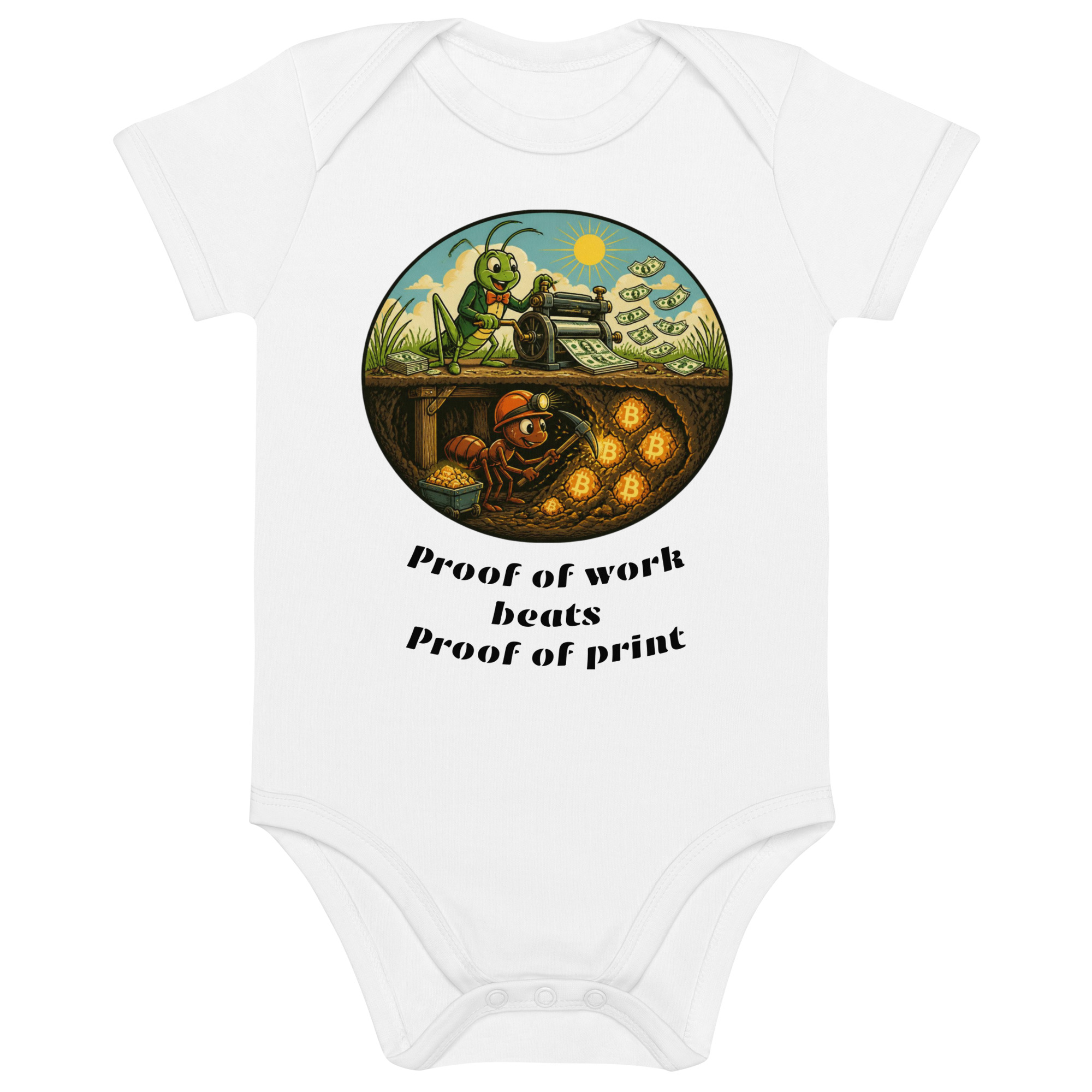 Bitcoin baby bodysuit featuring an ant mining Bitcoin underground and a grasshopper printing dollars above ground