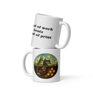 Bitcoin mug featuring an ant mining Bitcoin underground and a grasshopper printing dollars above ground