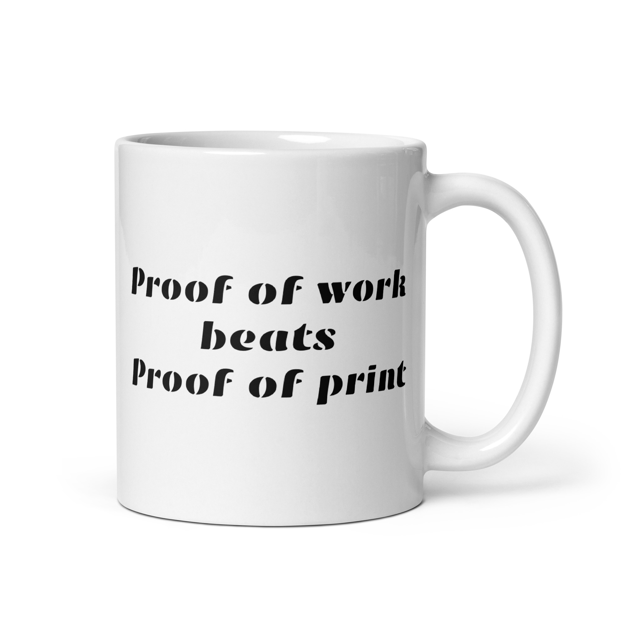 Bitcoin mug featuring an ant mining Bitcoin underground and a grasshopper printing dollars above ground