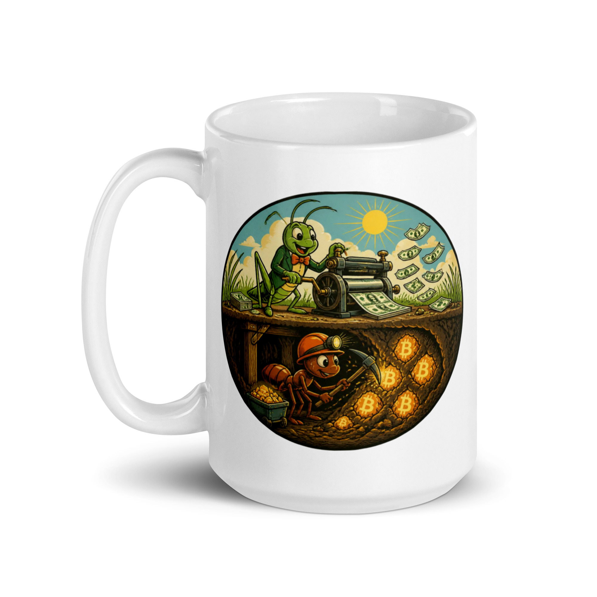Bitcoin mug featuring an ant mining Bitcoin underground and a grasshopper printing dollars above ground